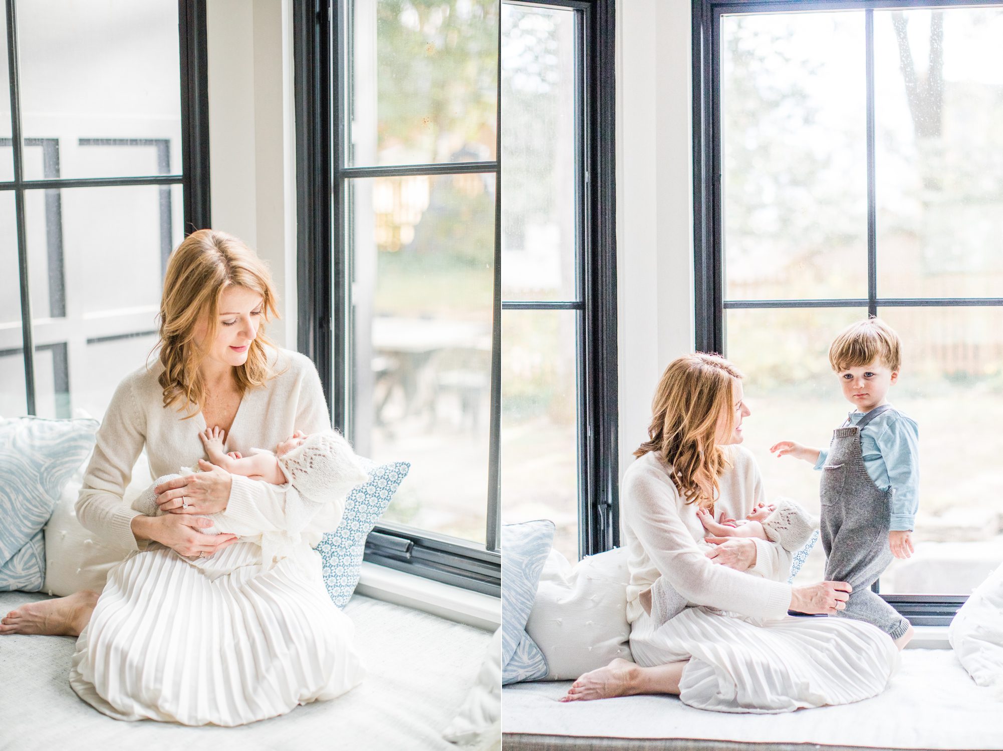 Mom sitting at window seat with baby and toddler during newborn session. Photos by LRG Portraits.