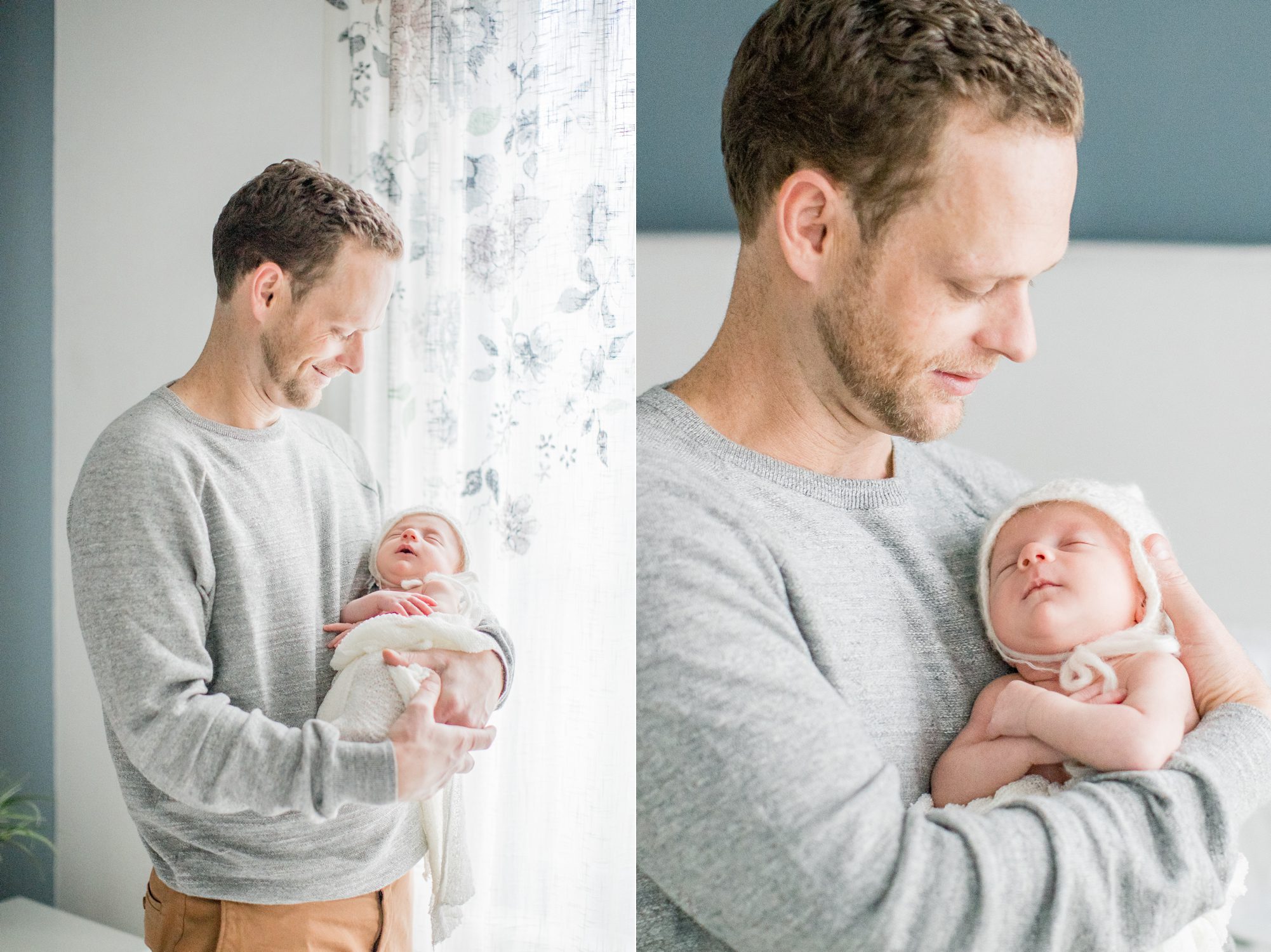 Dad holding baby boy near window of bedroom. Photos by LRG Portraits.