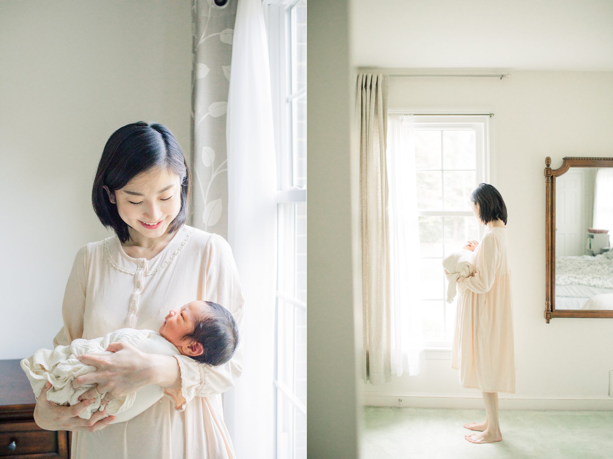 Images of mom holding baby during in-home lifestyle newborn session. Photos by LRG Portraits. 
