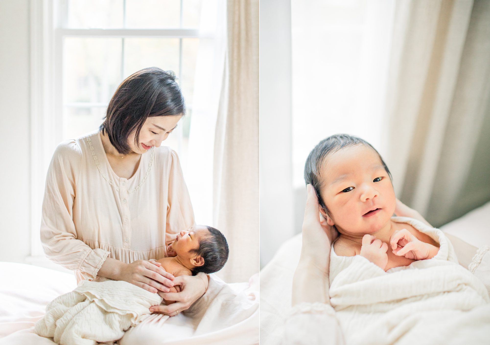 Mom holding baby on bed during newborn photo shoot. Photo by LRG Portraits.