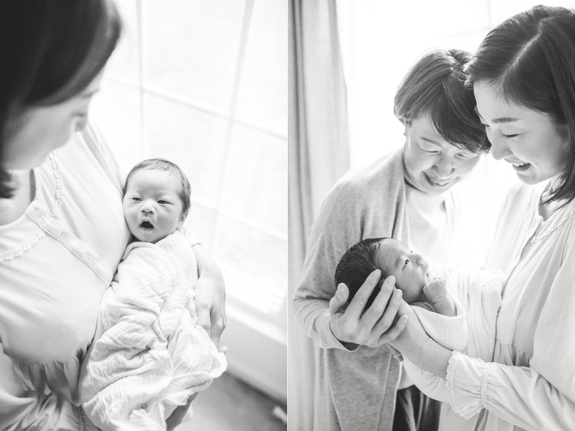Mom and Grandma holding newborn baby during photo shoot. Black and white photos by LRG Portraits.