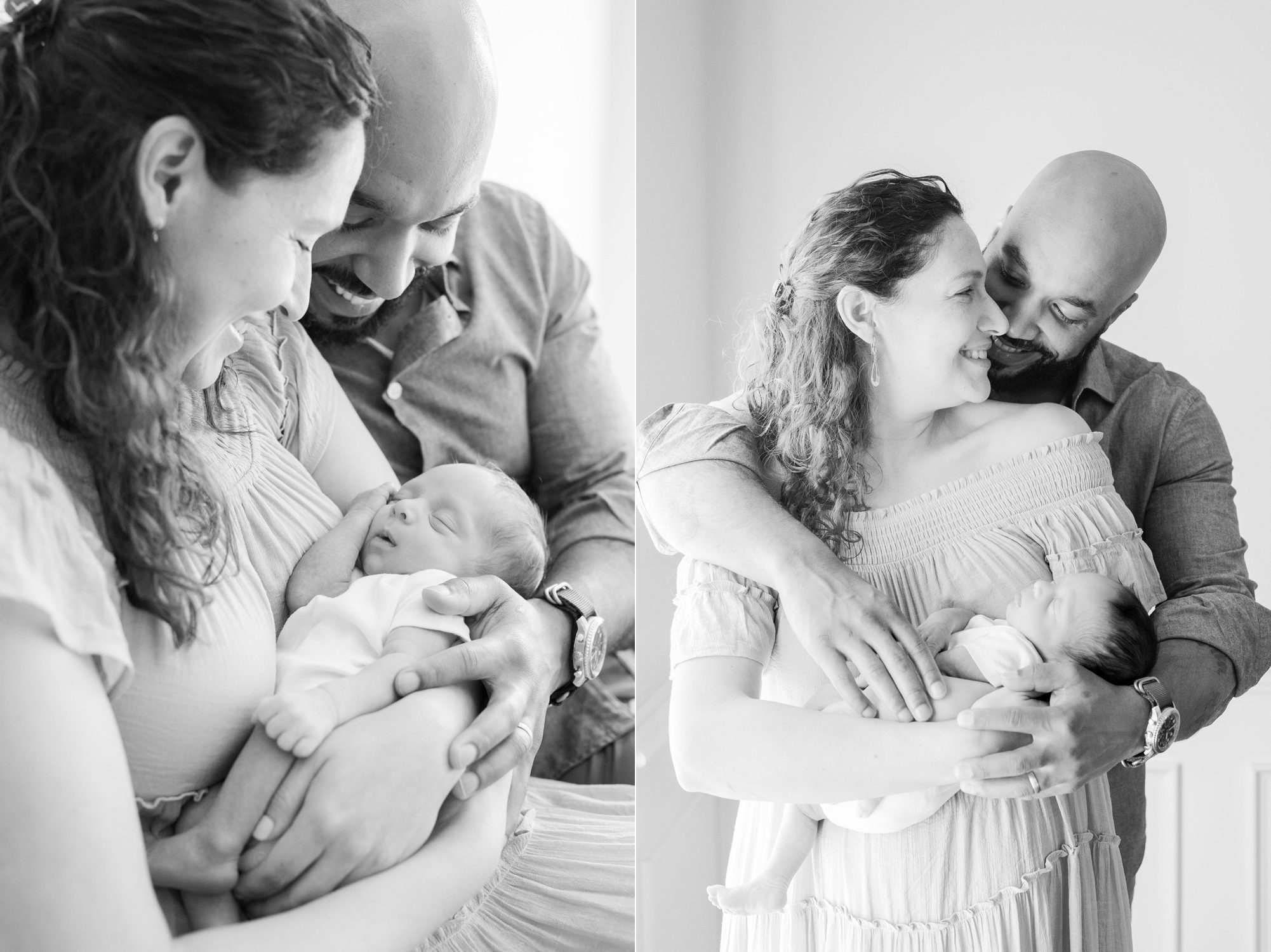 Black and white images of new parents with baby. Photos by LRG Portraits