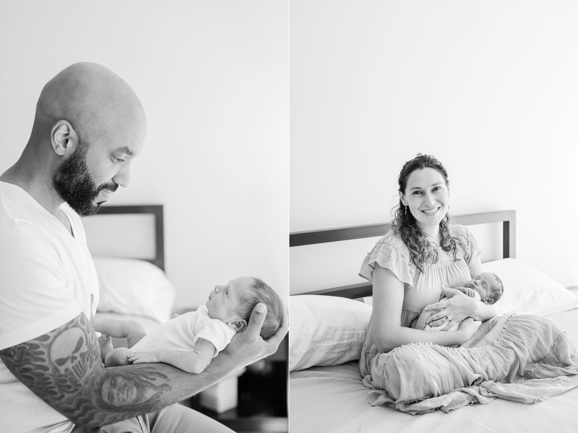 Black and white portraits of Dad with baby and Mom with baby during newborn session. Photos by LRG Portraits