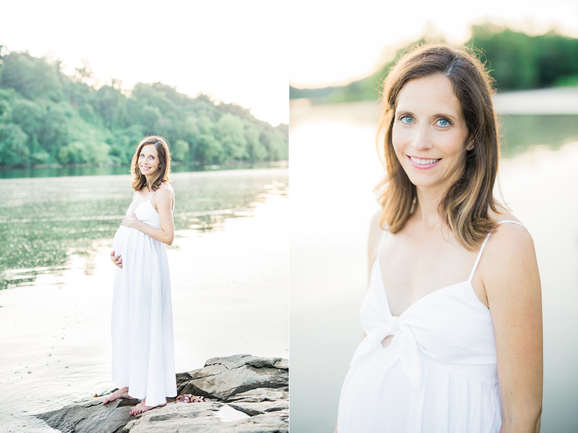 Images of Mom in white linen maxi dress from maternity session near the Potomac River. Photos by LRG Portraits.