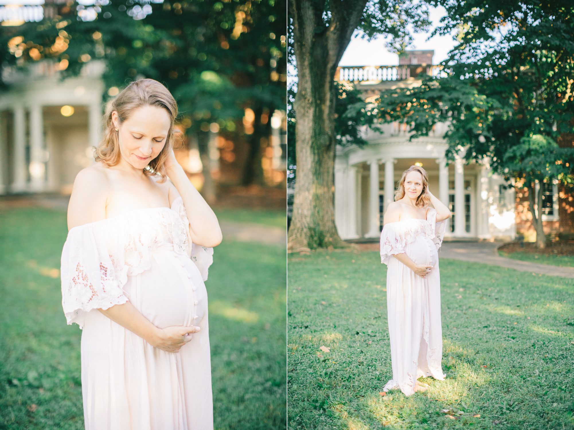 Mom wearing blush maxi dress during maternity photography session at Woodend Sanctuary. Photos by Chevy Chase MD maternity photographer, LRG Portraits.