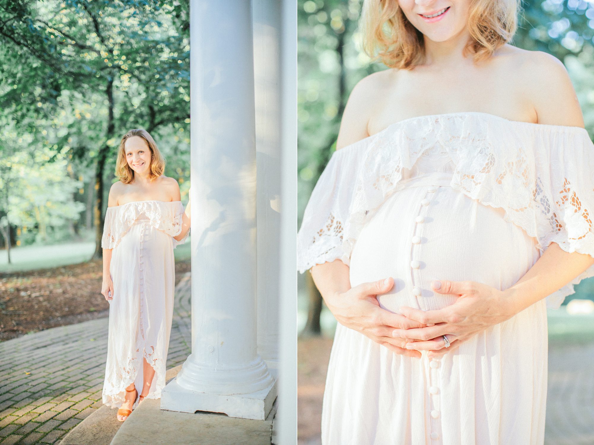 Mom leaning on column and hugging baby bump during maternity session at Woodend Sanctuary in Chevy Chase MD. Photos by LRG Portraits.