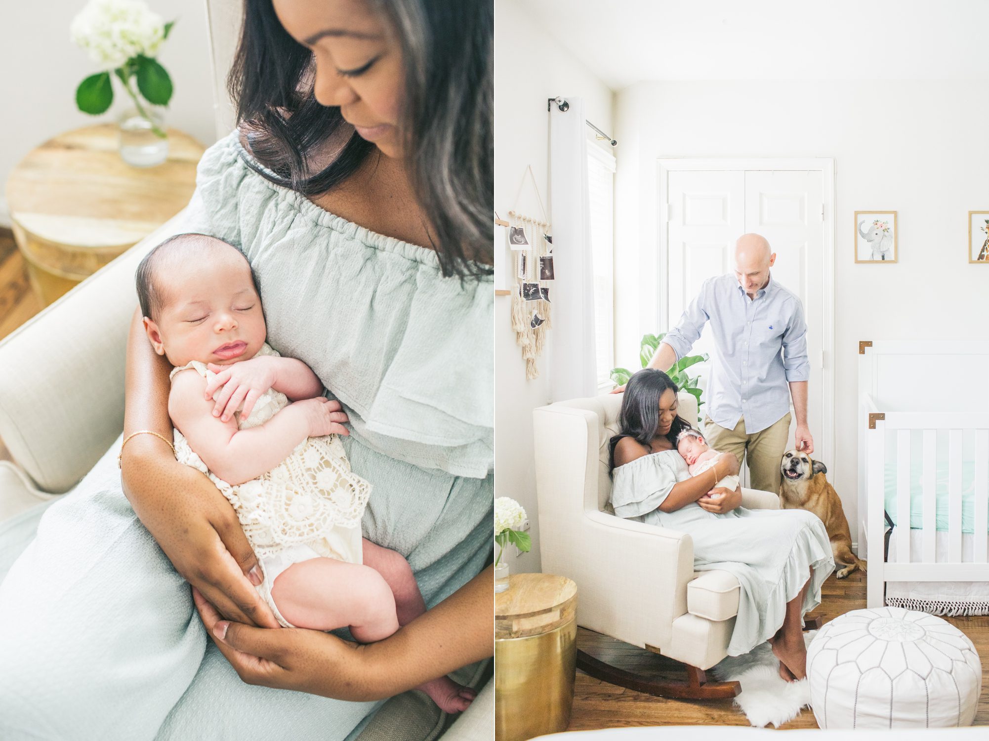Family in nursery with baby girl during lifestyle newborn session. Photos by LRG Portraits.