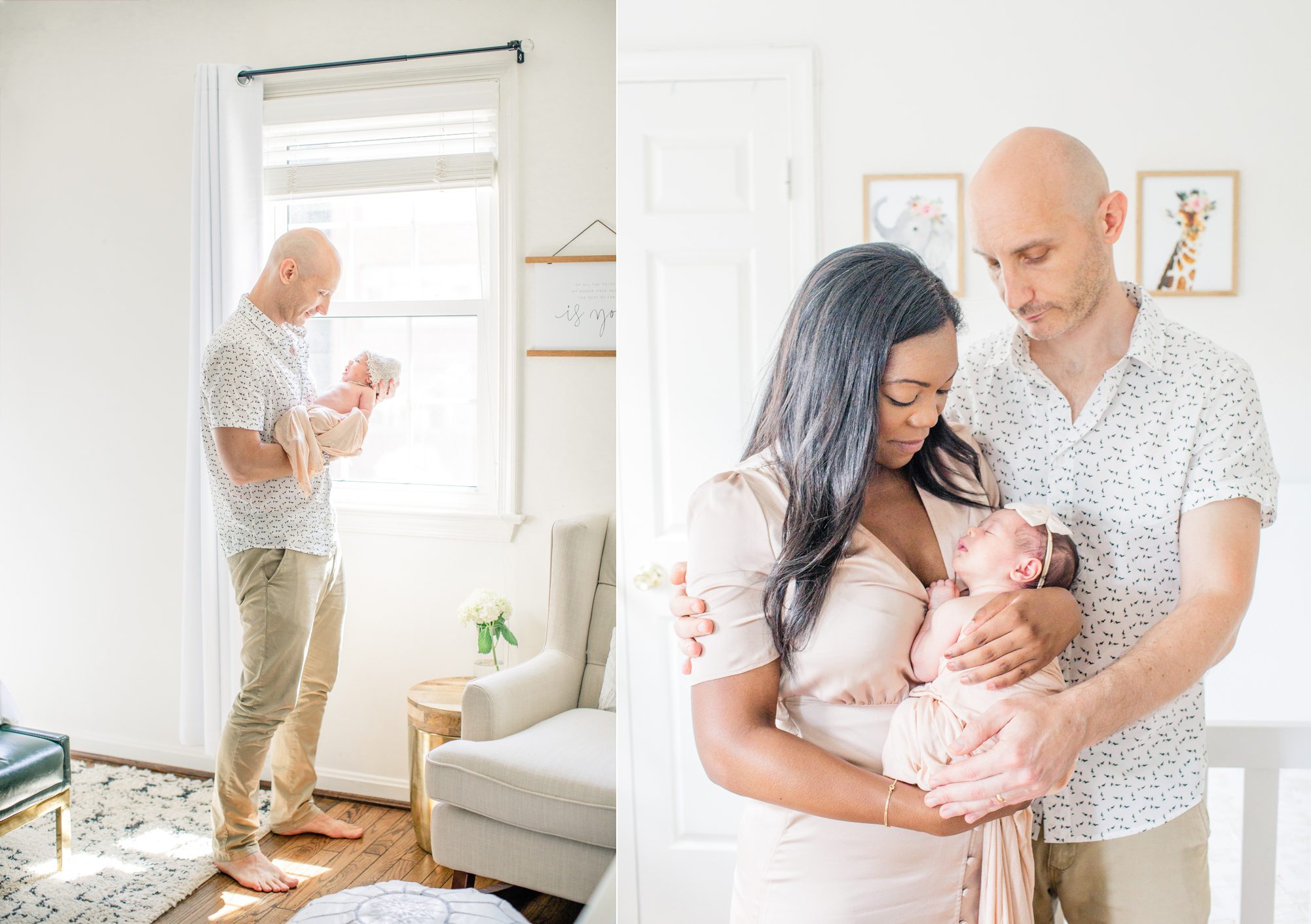 Dad holding baby by window light in left image, parents holding her together in right image during newborn session. Photos by LRG Portraits.
