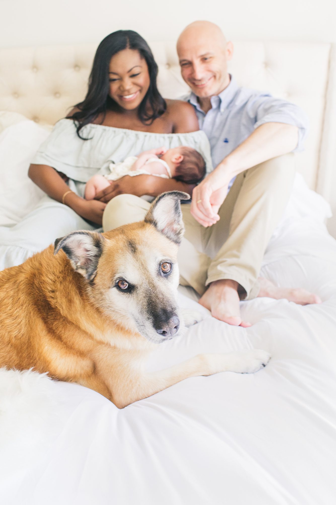 New parents smiling on bed while holding baby and looking at family dog. Photo by LRG Portraits.