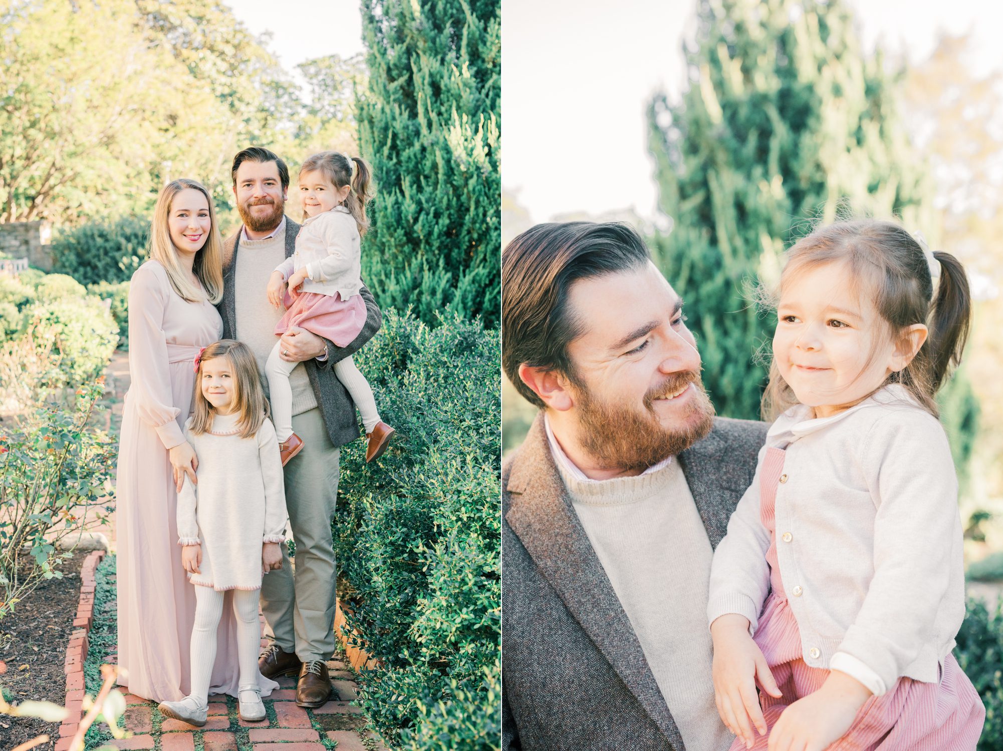 Family smiling together and Dad holding little girl in Washington DC family session. Photos by LRG Portraits.