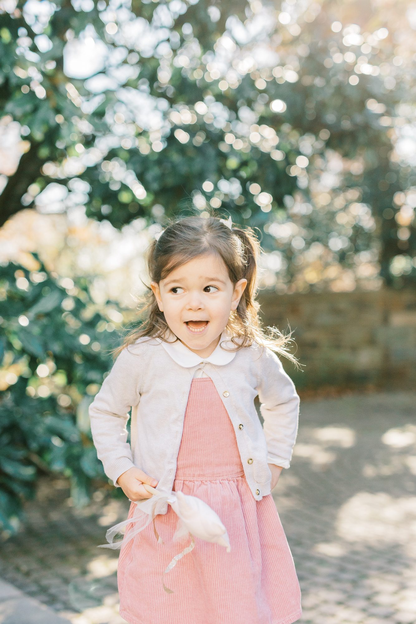 Toddler wearing pink dress and cardigan playing during family session in Washington DC. Photo by LRG Portraits.
